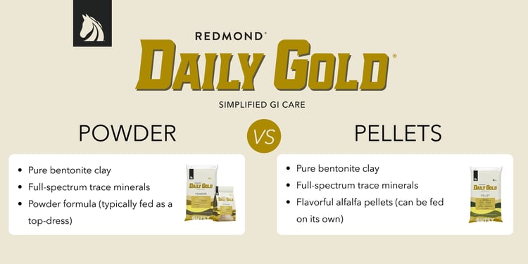 Daily Gold powder vs. pellets digestive supplement for horses.